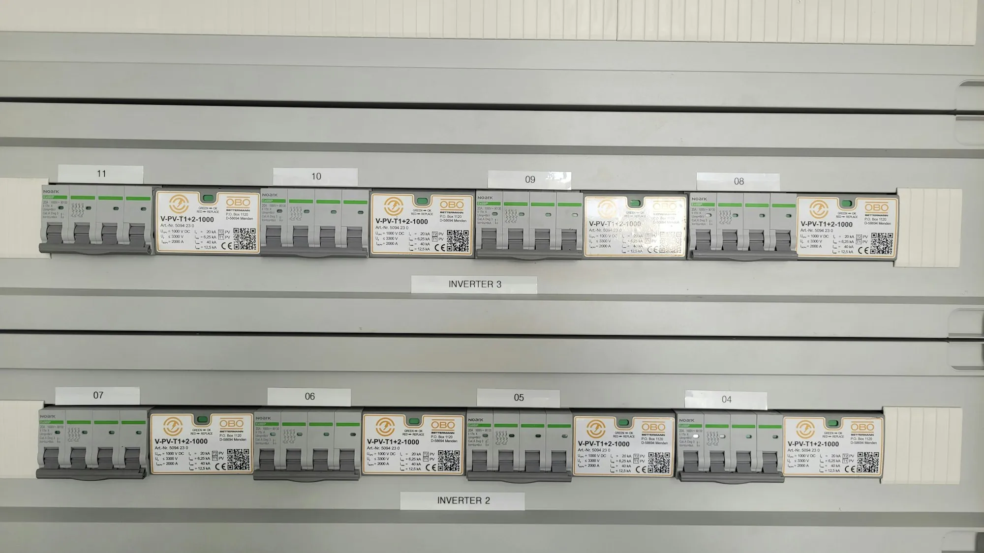 Electrical circuit breakers arranged in rows
