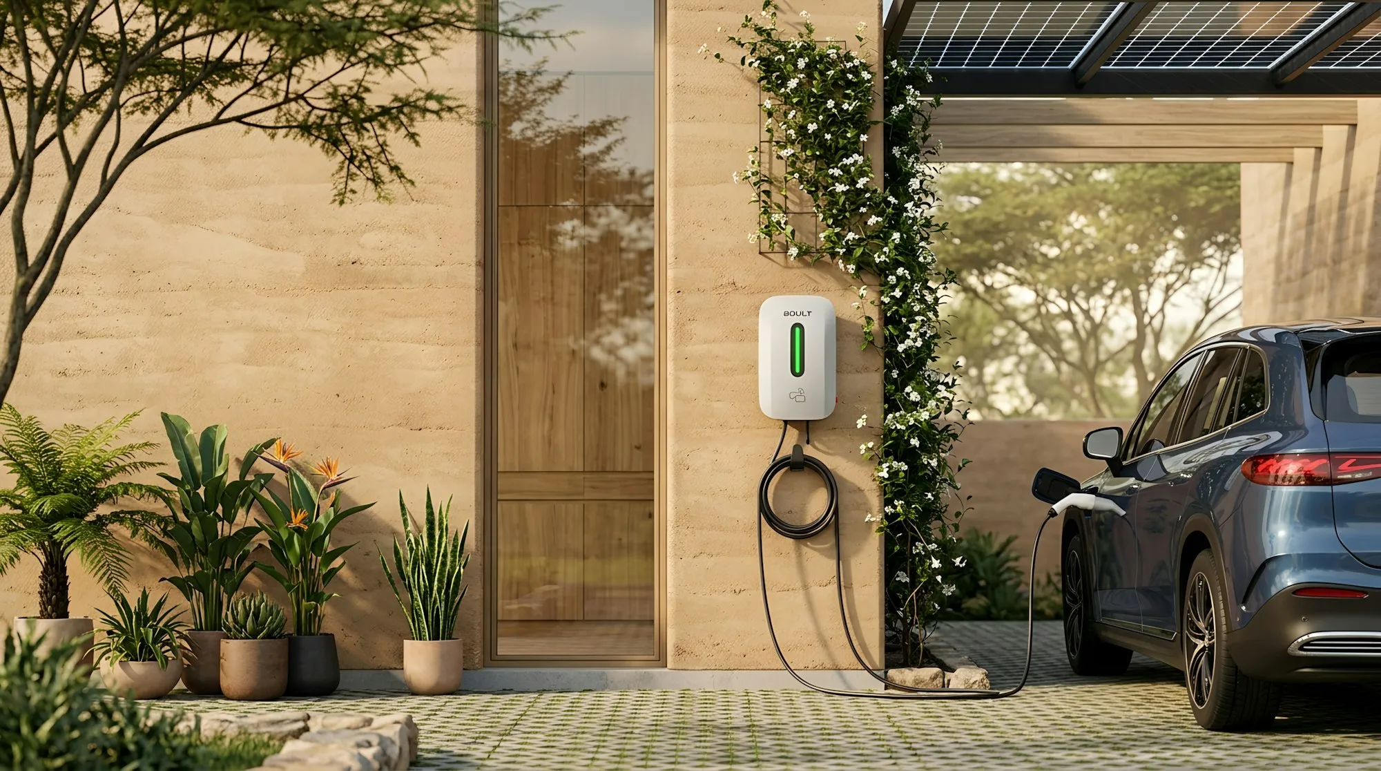An electric car charging at a modern home with solar panels