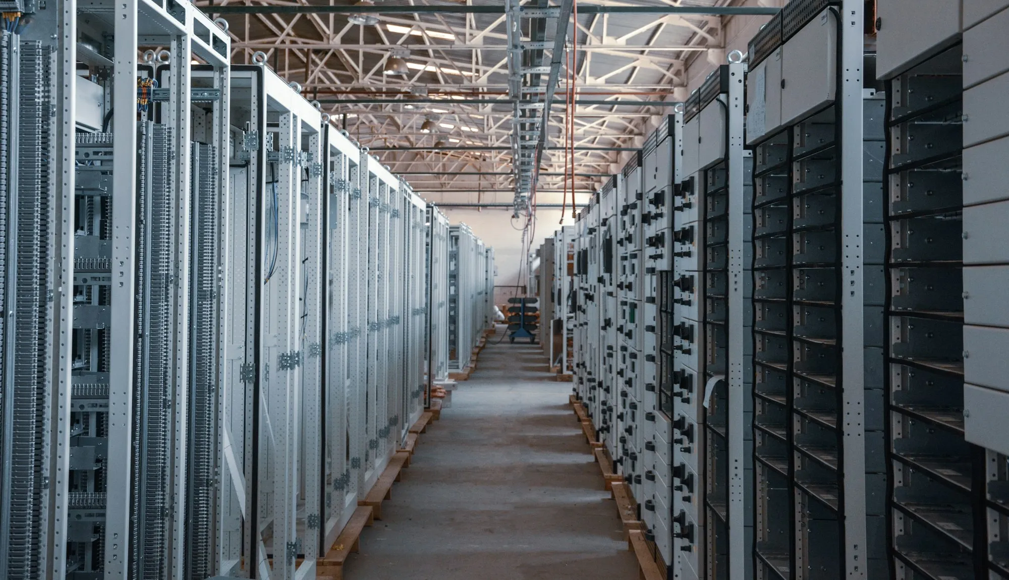Rows of server cabinets in a data centre